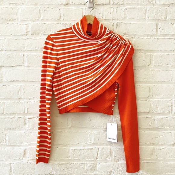 Sies Marjan || Jenn Crepe Wrap Crop Turtleneck Sweater Stripe Blood Orange L NWT - Picture 1 of 10